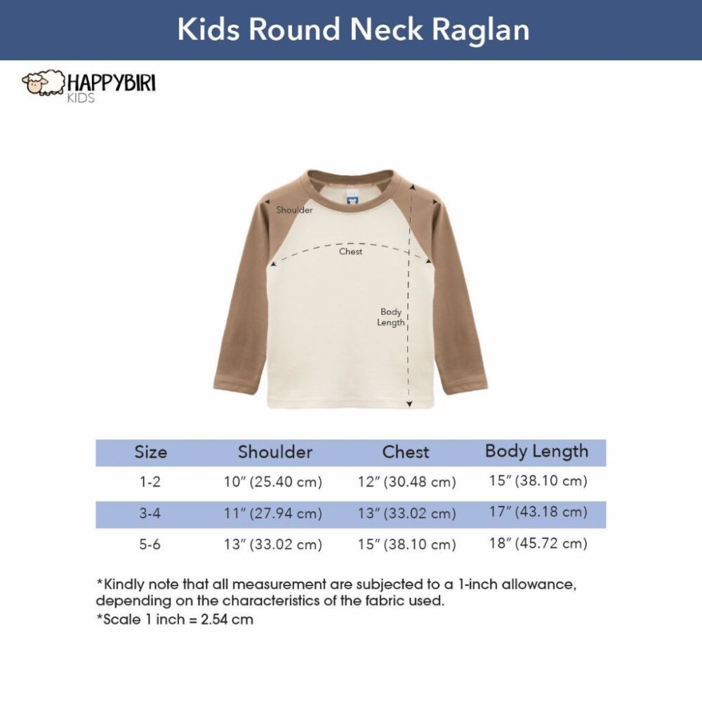 LONG SLEEVE Kids Raglan Size Chart