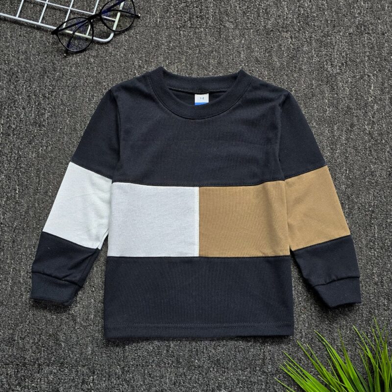 Long Sleeve Kids Colour Block T-Shirt - Black:Cocoa:White