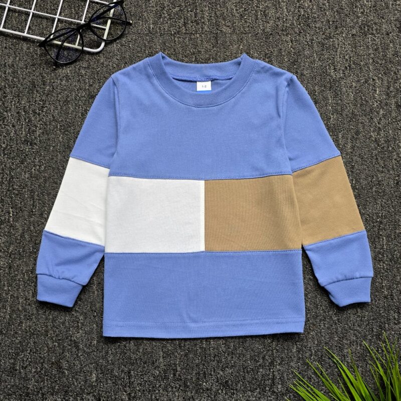 Long Sleeve Kids Colour Block T-Shirt - Colony Blue:Cocoa:White