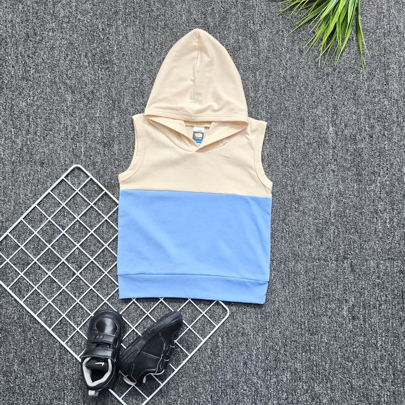 Kids Sleeveless Hoodie - Beige:Sky Blue