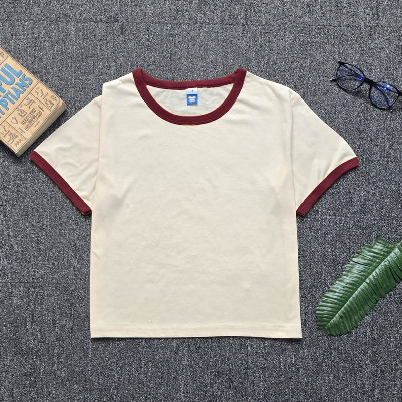 Ladies CONTRAST RIBBED Crop Top - Beige:Burgundy