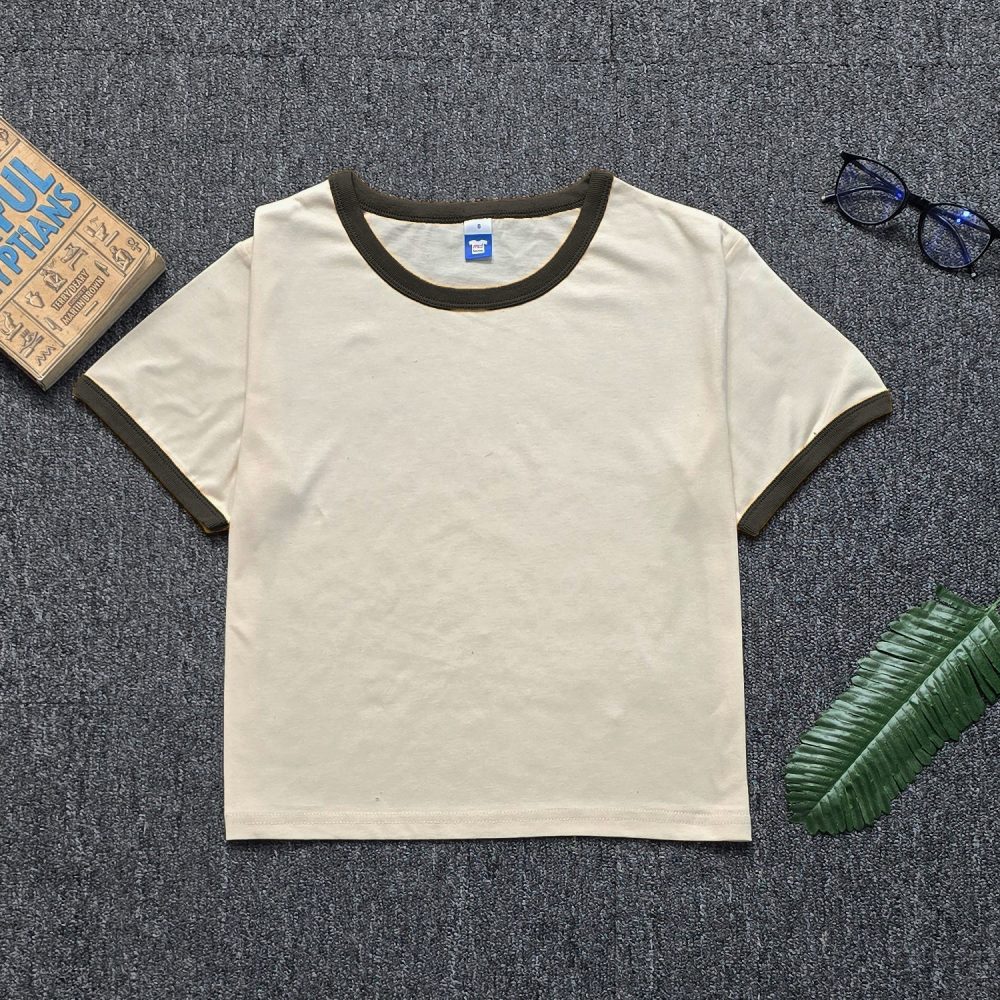 Ladies CONTRAST RIBBED Crop Top - Beige:Olive Green
