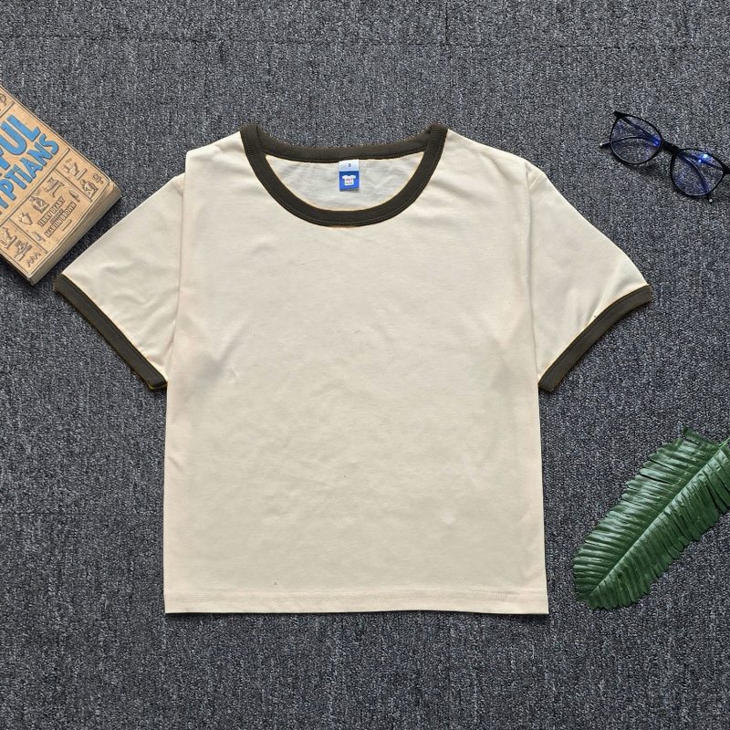 Ladies CONTRAST RIBBED Crop Top - Beige:Olive Green