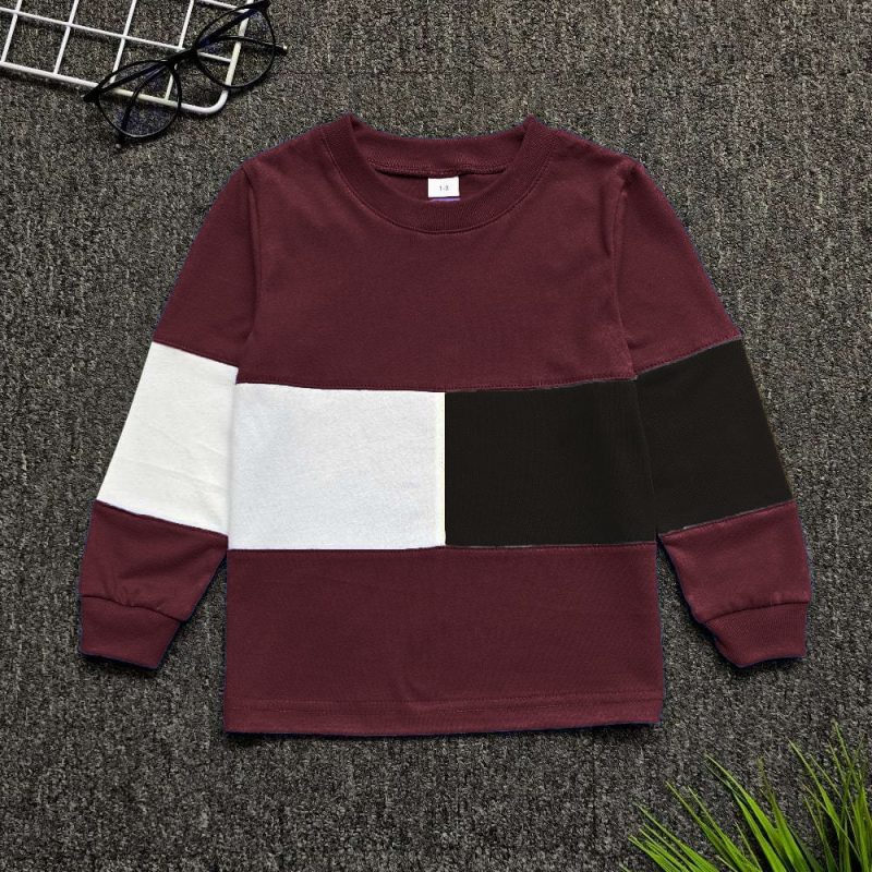 Long Sleeve Kids Colour Block T-Shirt – Burgundy:White:Black
